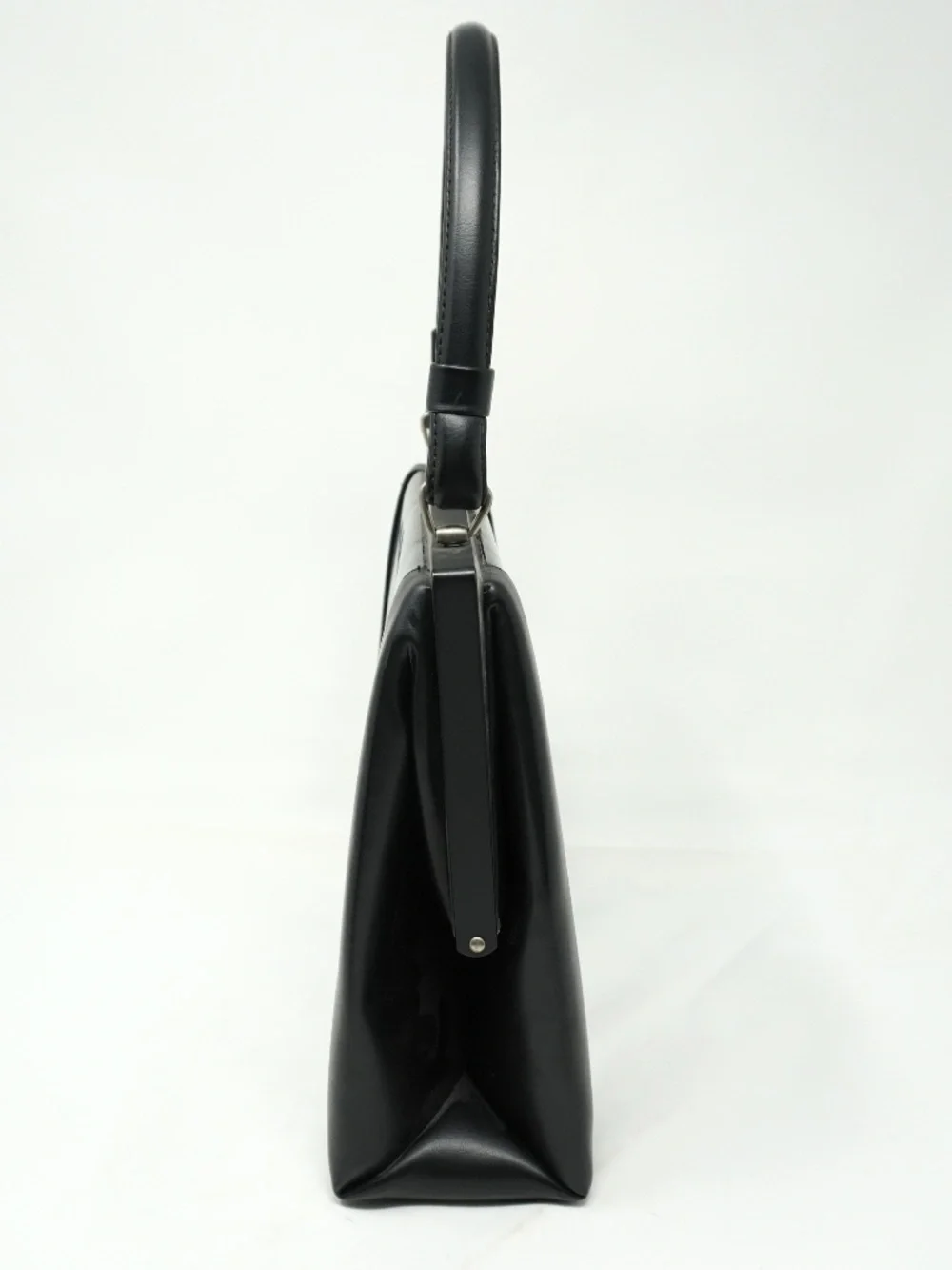 Rare Vintage L&M 1950s Handle Bag with Classic Clasp Opening and Black Leather